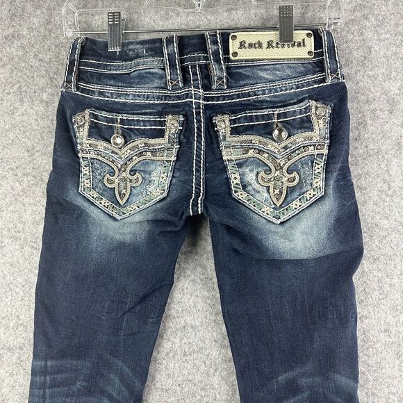 Rock Revival Meri Crop Jeans Womens 22 Dark Wash Faux Flap Embroidered Western - Picture 9 of 16